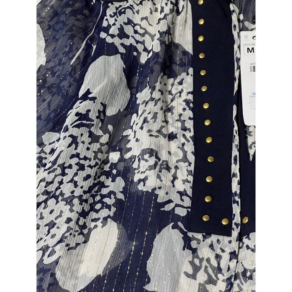 Zara Mulberry Silk Navy/Ecru Long Sleeve Blouse with Studs Women's Size Medium N - Picture 13 of 16
